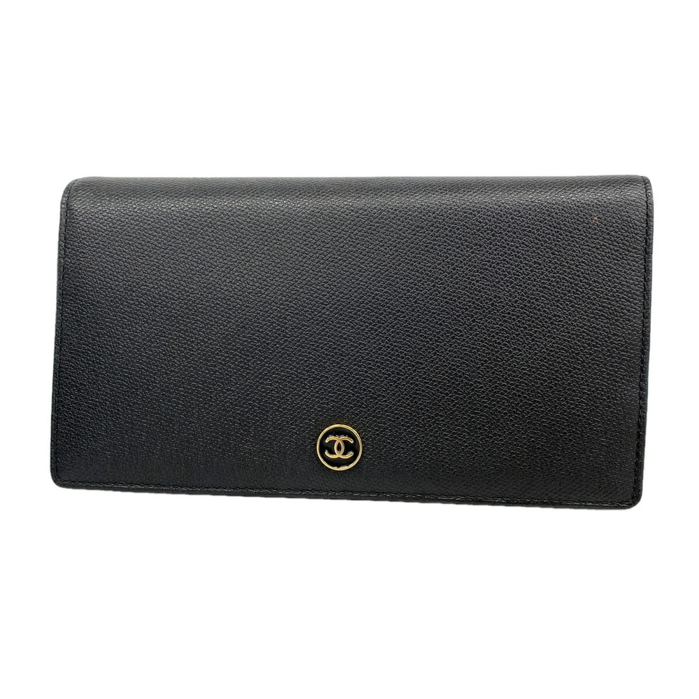 Chanel Long Wallet, Coco Button, Leather, Black, Men's & Women's
